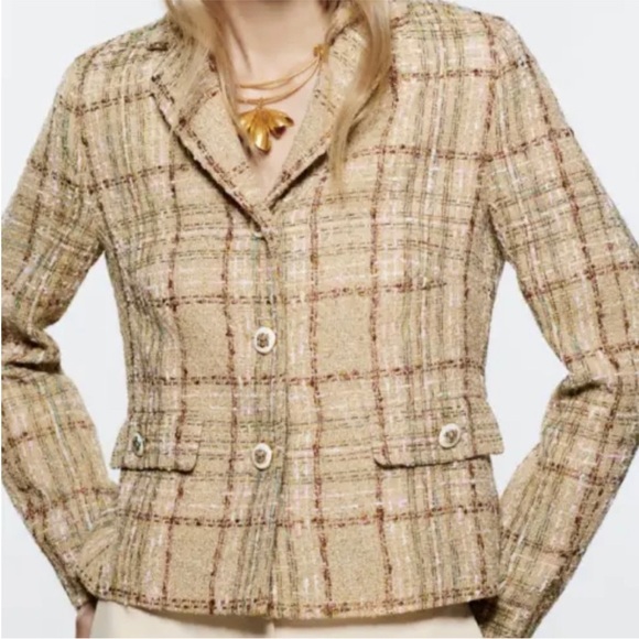 BLOGGERS FAV ZARA Cropped Textured Plaid Blazer size M - Picture 6 of 14